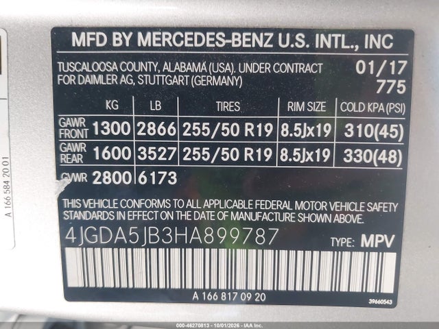 Aukcja sprzedaży 2017 Mercedes-benz Gle 350, vin: 4JGDA5JB3HA899787, numer aukcji: 46270813
