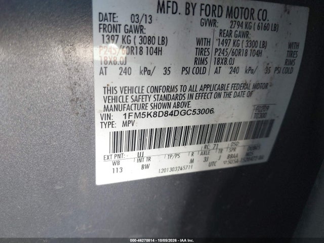 46270814 :رقم المزاد ، 1FM5K8D84DGC53006 vin ، 2013 Ford Explorer Xlt مزاد بيع