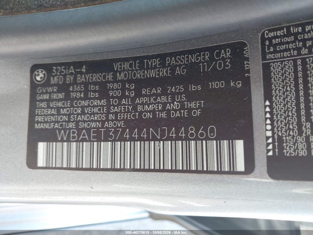 Aukcja sprzedaży 2004 Bmw 325i, vin: WBAET37444NJ44860, numer aukcji: 46270818