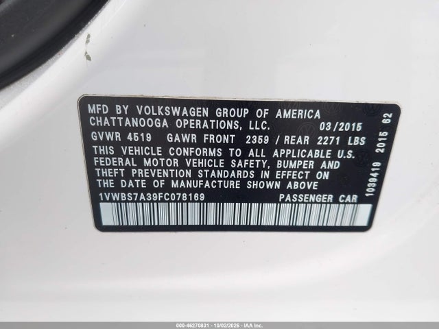 46270831 :رقم المزاد ، 1VWBS7A39FC078169 vin ، 2015 Volkswagen Passat 1.8t Sport مزاد بيع