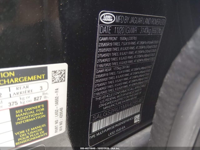 2021 Land Rover Range Rover Westminster მანქანა იყიდება აუქციონზე, vin: SALGS2RU1MA429540, აუქციონის ნომერი: 46270849