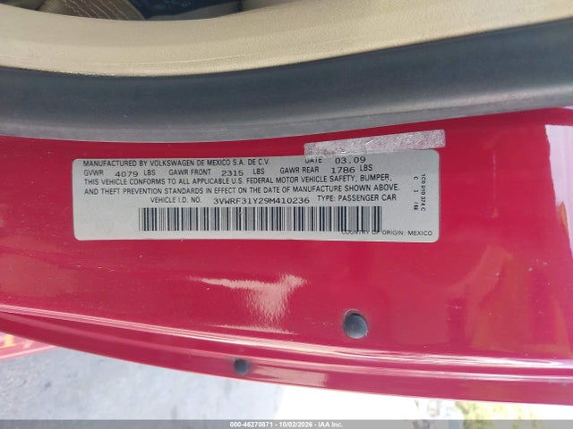 2009 Volkswagen New Beetle 2.5l მანქანა იყიდება აუქციონზე, vin: 3VWRF31Y29M410236, აუქციონის ნომერი: 46270871