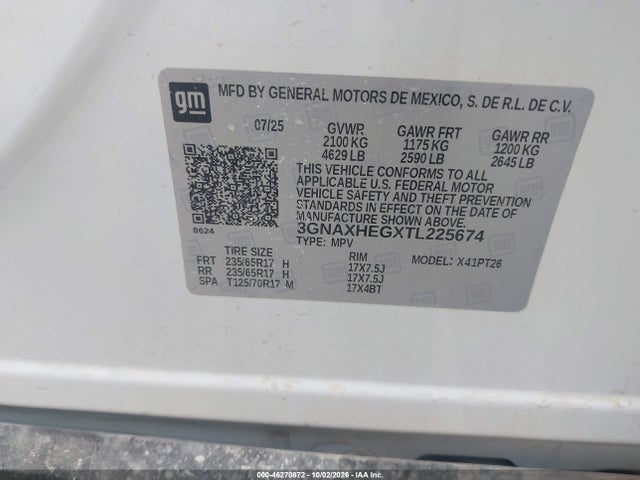 Продажа на аукционе авто 2026 Chevrolet Equinox Fwd Lt, vin: 3GNAXHEGXTL225674, номер лота: 46270872