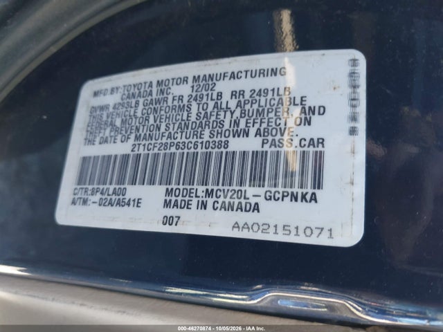 46270874 :رقم المزاد ، 2T1CF28P63C610388 vin ، 2003 Toyota Camry Solara Sle V6 مزاد بيع