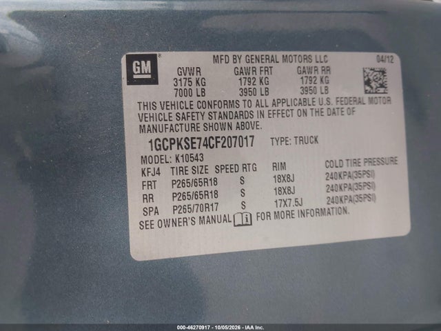 Aukcja sprzedaży 2012 Chevrolet Silverado 1500 Lt, vin: 1GCPKSE74CF207017, numer aukcji: 46270917