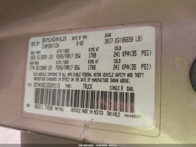Продажа на аукционе авто 2002 Dodge Ram 1500 St, vin: 3D7HA18Z12G203119, номер лота: 46270926
