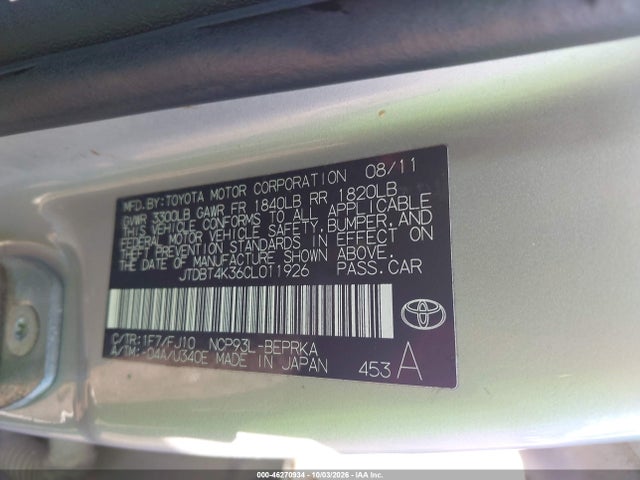 Aukcja sprzedaży 2012 Toyota Yaris, vin: JTDBT4K36CL011926, numer aukcji: 46270934
