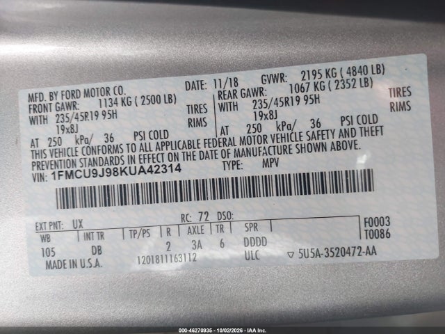 Продаж на аукціоні авто 2019 Ford Escape Titanium, vin: 1FMCU9J98KUA42314, номер лоту: 46270935