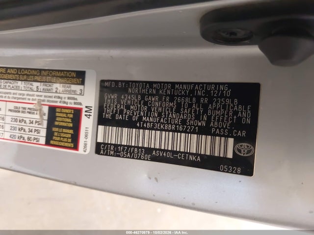 Aukcja sprzedaży 2011 Toyota Camry Le, vin: 4T4BF3EK8BR167271, numer aukcji: 46270979