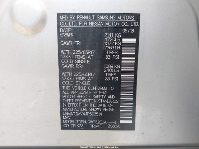 46270992 :رقم المزاد ، KNMAT2MV4JP593514 vin ، 2018 Nissan Rogue Sv مزاد بيع
