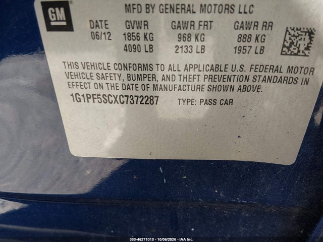 Продаж на аукціоні авто 2012 Chevrolet Cruze 1lt, vin: 1G1PF5SCXC7372287, номер лоту: 46271010