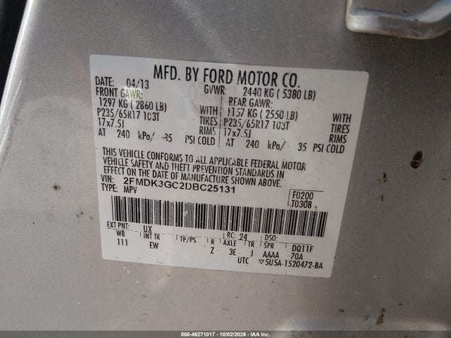 46271017 :رقم المزاد ، 2FMDK3GC2DBC25131 vin ، 2013 Ford Edge Se مزاد بيع
