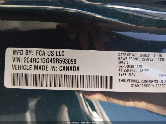 2025 Chrysler Pacifica Limited მანქანა იყიდება აუქციონზე, vin: 2C4RC1GG4SR593099, აუქციონის ნომერი: 46271023