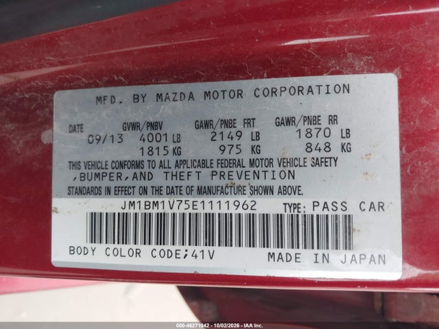 Aukcja sprzedaży 2014 Mazda Mazda3 I Touring, vin: JM1BM1V75E1111962, numer aukcji: 46271042