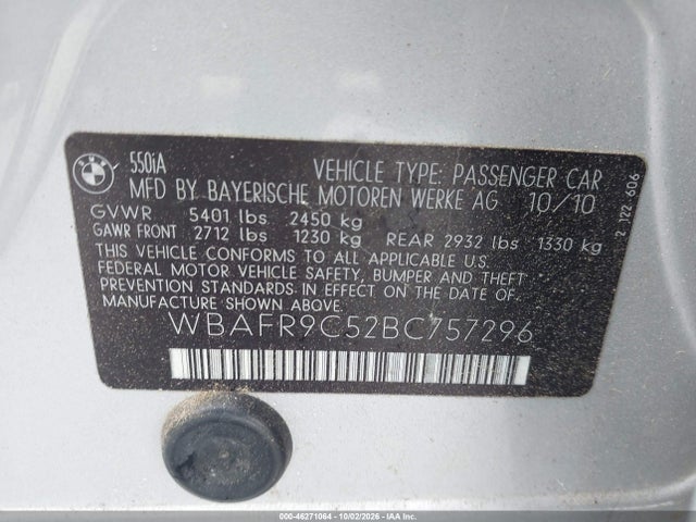 2011 Bmw 550i მანქანა იყიდება აუქციონზე, vin: WBAFR9C52BC757296, აუქციონის ნომერი: 46271064