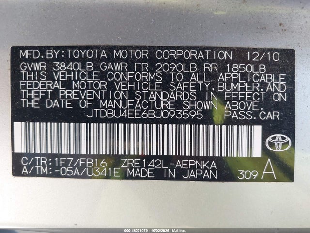 Aukcja sprzedaży 2011 Toyota Corolla Le, vin: JTDBU4EE6BJ093595, numer aukcji: 46271079