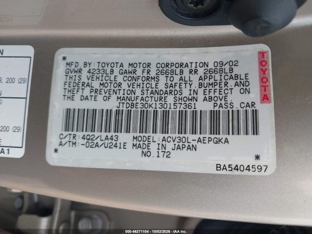 Продаж на аукціоні авто 2003 Toyota Camry Xle, vin: JTDBE30K130157361, номер лоту: 46271104