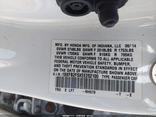 Продаж на аукціоні авто 2014 Honda Civic Lx, vin: 19XFB2F5XEE252100, номер лоту: 46271111
