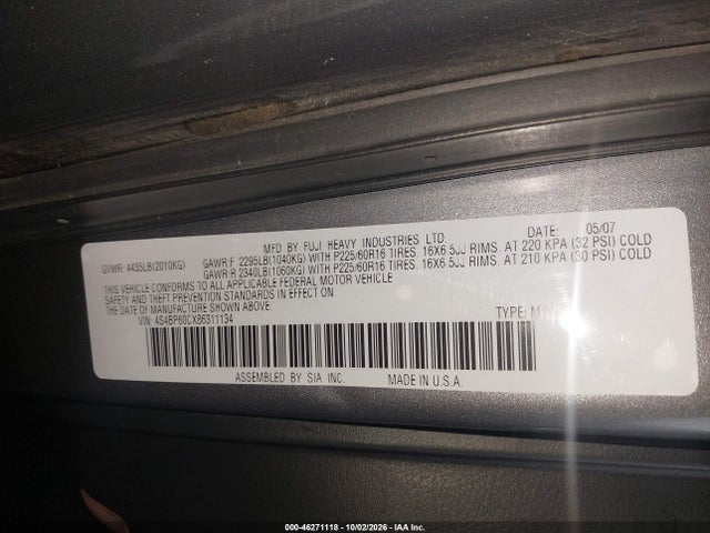 Продаж на аукціоні авто 2008 Subaru Outback, vin: 4S4BP60CX86311134, номер лоту: 46271118
