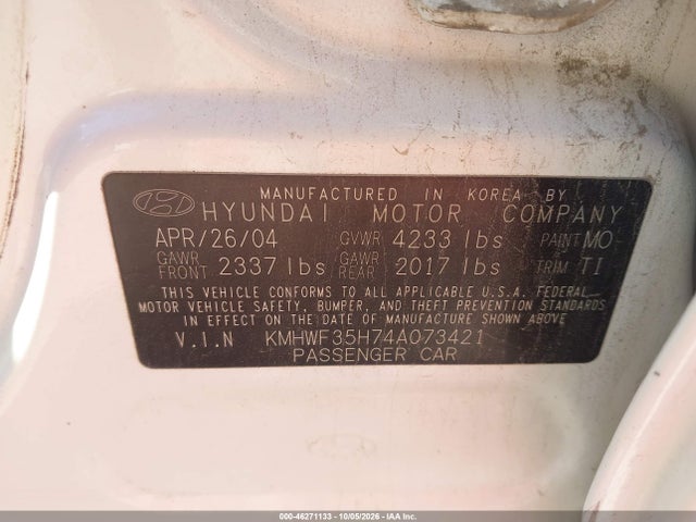 46271133 :رقم المزاد ، KMHWF35H74A073421 vin ، 2004 Hyundai Sonata Gls/lx مزاد بيع