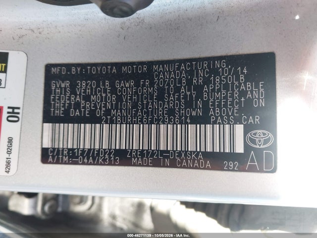 Продажа на аукционе авто 2015 Toyota Corolla S Plus, vin: 2T1BURHE6FC293614, номер лота: 46271139