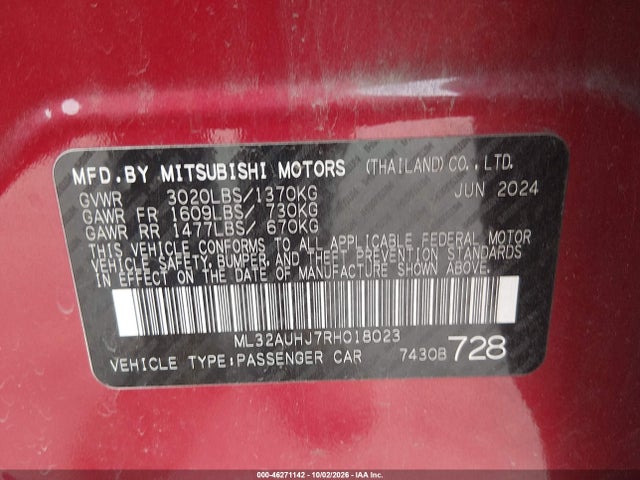 46271142 :رقم المزاد ، ML32AUHJ7RH018023 vin ، 2024 Mitsubishi Mirage Es/le مزاد بيع