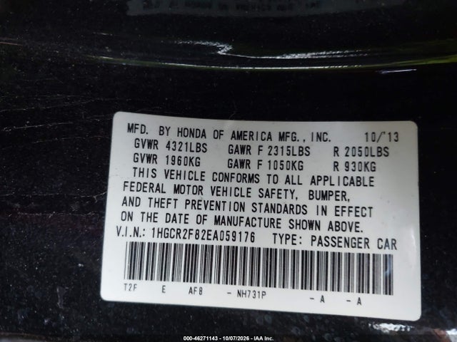 Продаж на аукціоні авто 2014 Honda Accord Ex-l, vin: 1HGCR2F82EA059176, номер лоту: 46271143