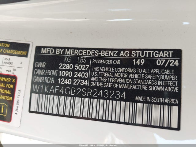 Продажа на аукционе авто 2025 Mercedes-benz C 300, vin: W1KAF4GB2SR243234, номер лота: 46271146