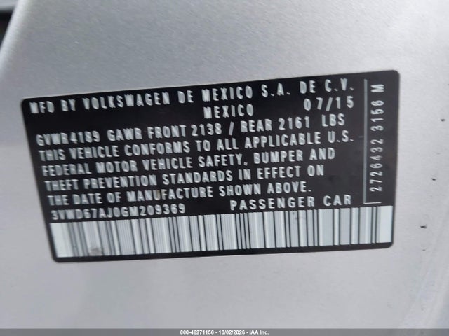 46271150 :رقم المزاد ، 3VWD67AJ0GM209369 vin ، 2016 Volkswagen Jetta 1.4t Se مزاد بيع