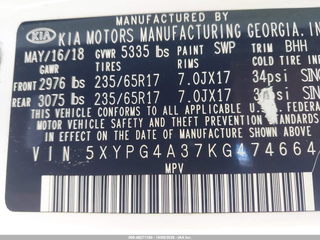 Auction sale of the 2019 Kia Sorento 2.4l Lx, vin: 5XYPG4A37KG474664, lot number: 46271160