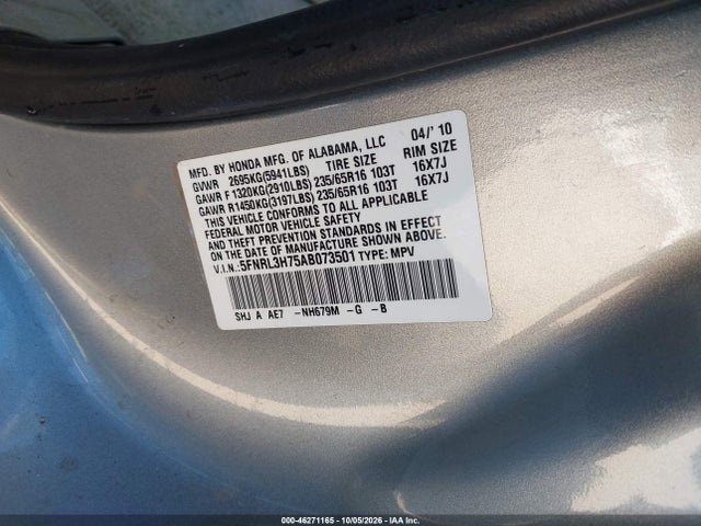 2010 Honda Odyssey Ex-l მანქანა იყიდება აუქციონზე, vin: 5FNRL3H75AB073501, აუქციონის ნომერი: 46271165