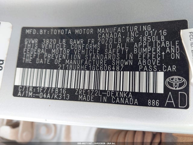 Aukcja sprzedaży 2016 Toyota Corolla Le, vin: 2T1BURHE1GC606487, numer aukcji: 46271167