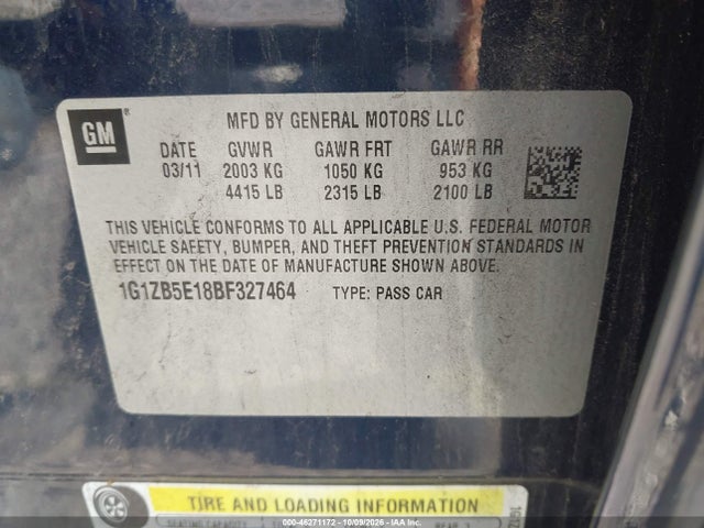 46271172 :رقم المزاد ، 1G1ZB5E18BF327464 vin ، 2011 Chevrolet Malibu Ls مزاد بيع