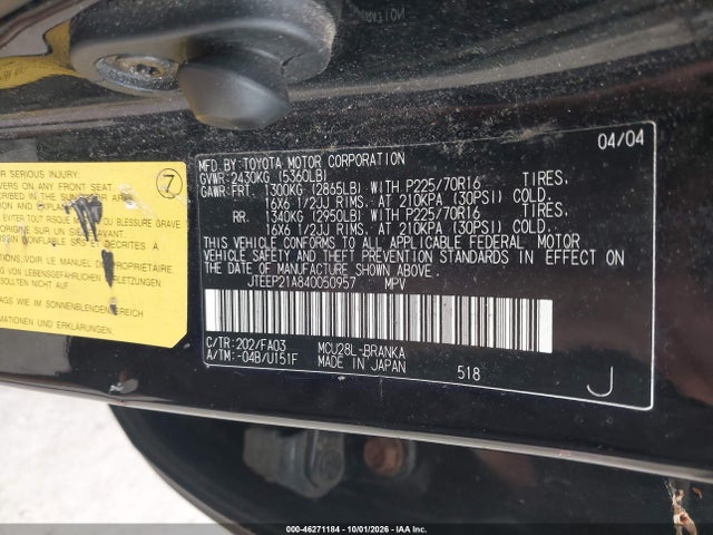 Aukcja sprzedaży 2004 Toyota Highlander V6, vin: JTEEP21A840050957, numer aukcji: 46271184