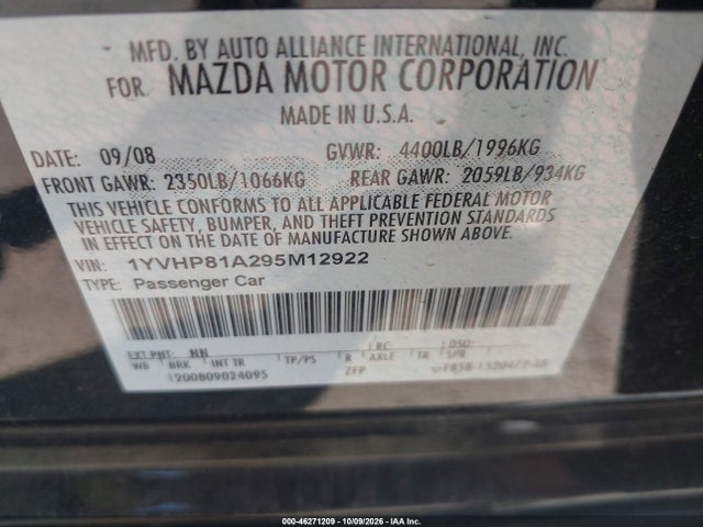 Продажа на аукционе авто 2009 Mazda Mazda6 I Sport, vin: 1YVHP81A295M12922, номер лота: 46271209