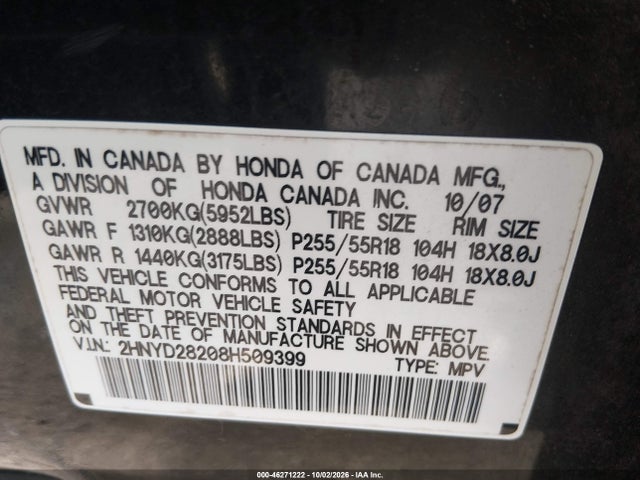 46271222 :رقم المزاد ، 2HNYD28208H509399 vin ، 2008 Acura Mdx مزاد بيع