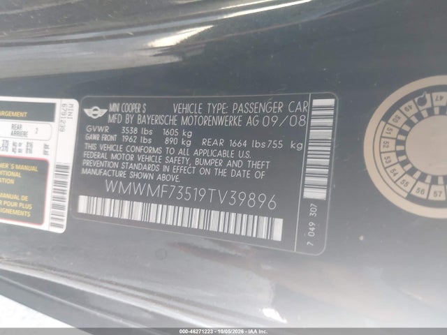 Aukcja sprzedaży 2009 Mini Cooper S, vin: WMWMF73519TV39896, numer aukcji: 46271223
