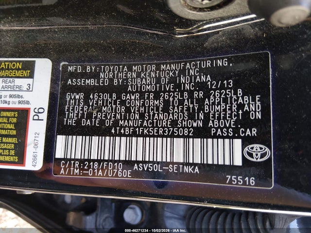 Aukcja sprzedaży 2014 Toyota Camry Le, vin: 4T4BF1FK5ER375082, numer aukcji: 46271234