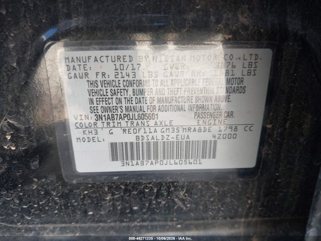 Продаж на аукціоні авто 2018 Nissan Sentra Sv, vin: 3N1AB7AP0JL605601, номер лоту: 46271235