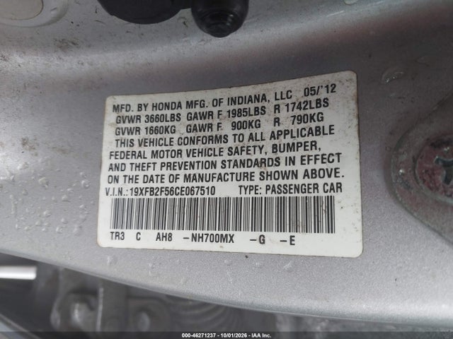 46271237 :رقم المزاد ، 19XFB2F56CE067510 vin ، 2012 Honda Civic Lx مزاد بيع