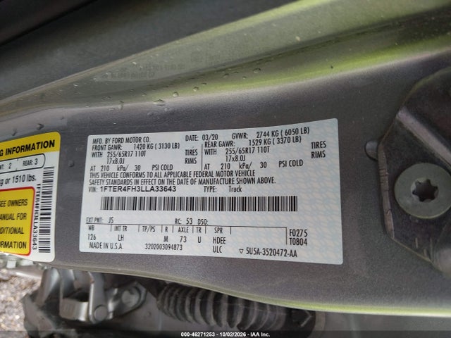 46271253 :رقم المزاد ، 1FTER4FH3LLA33643 vin ، 2020 Ford Ranger Xlt مزاد بيع