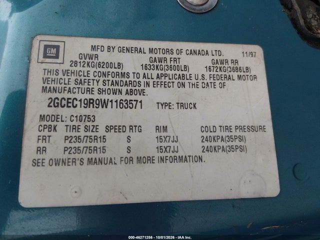 Aukcja sprzedaży 1998 Chevrolet C1500 Fleetside, vin: 2GCEC19R9W1163571, numer aukcji: 46271256