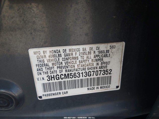 46271261 :رقم المزاد ، 3HGCM56313G707352 vin ، 2003 Honda Accord 2.4 Lx مزاد بيع