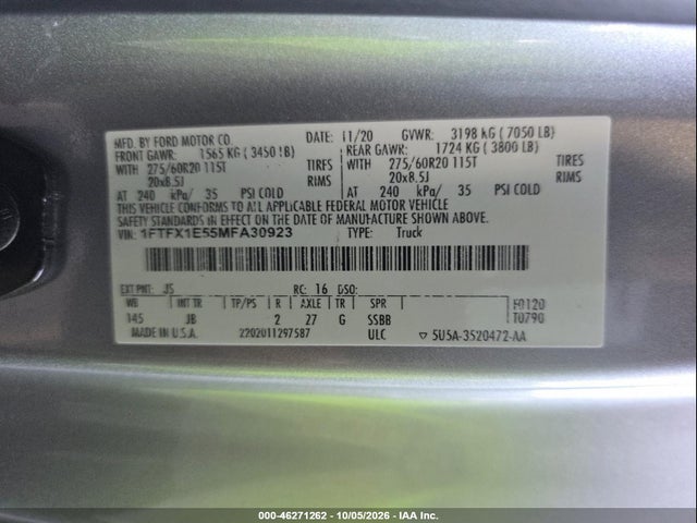 2021 Ford F-150 Xl მანქანა იყიდება აუქციონზე, vin: 1FTFX1E55MFA30923, აუქციონის ნომერი: 46271262