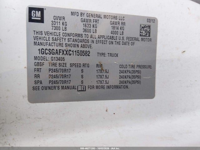 2012 Chevrolet Express 1500 Work Van მანქანა იყიდება აუქციონზე, vin: 1GCSGAFXXC1150582, აუქციონის ნომერი: 46271283