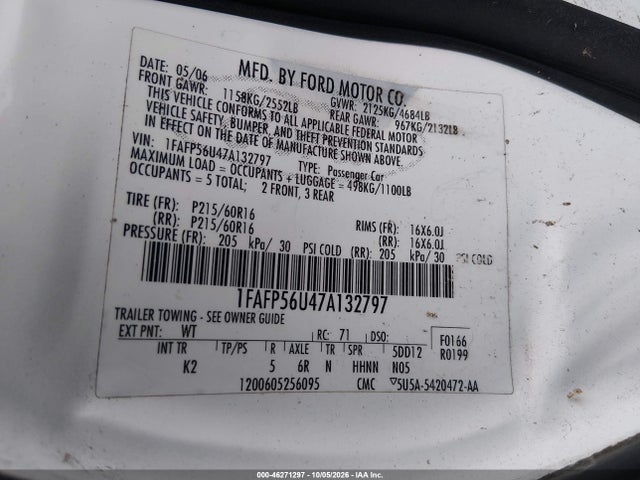 Продаж на аукціоні авто 2007 Ford Taurus Sel, vin: 1FAFP56U47A132797, номер лоту: 46271297