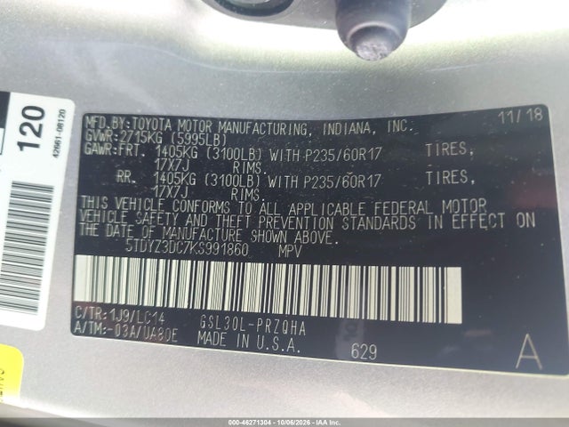 Продаж на аукціоні авто 2019 Toyota Sienna Xle Premium 8 Passenger, vin: 5TDYZ3DC7KS991860, номер лоту: 46271304