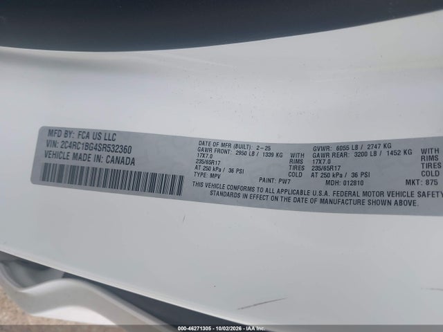 Продаж на аукціоні авто 2025 Chrysler Pacifica Select, vin: 2C4RC1BG4SR532360, номер лоту: 46271305
