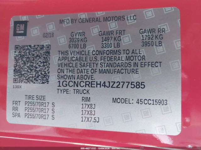Aukcja sprzedaży 2018 Chevrolet Silverado 1500 1lt, vin: 1GCNCREH4JZ277585, numer aukcji: 46271332