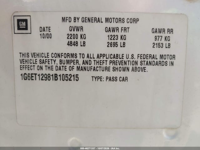 46271337 :رقم المزاد ، 1G6ET12981B105215 vin ، 2001 Cadillac Eldorado Etc مزاد بيع